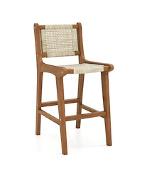 Gouun Counter Height Wicker Stool with Teak Wood Frame and Contoured Backrest
