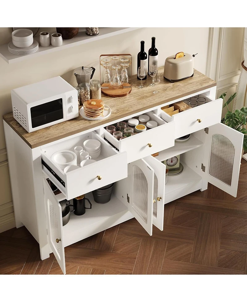 gaomon Farmhouse Large Buffet Sideboard Cabinet with Four Doors Three Drawers Adjustable Shelves and Fluted Acrylic Doors