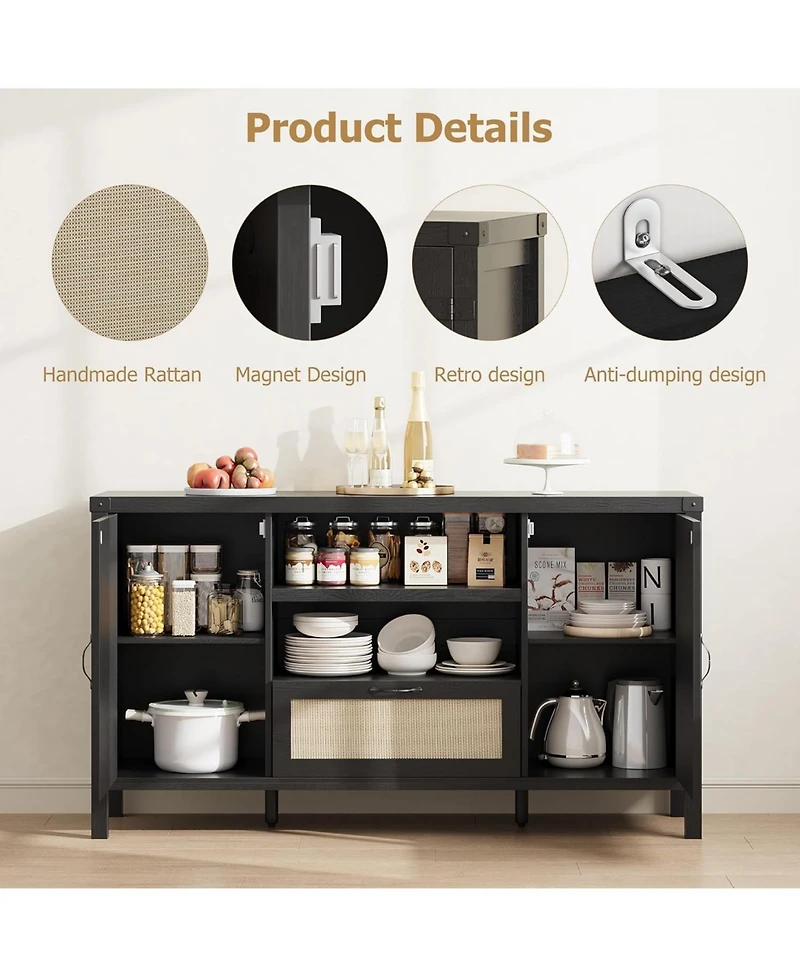 gaomon Buffet Cabinet with Storage, Rattan Sideboard with Doors and Drawers