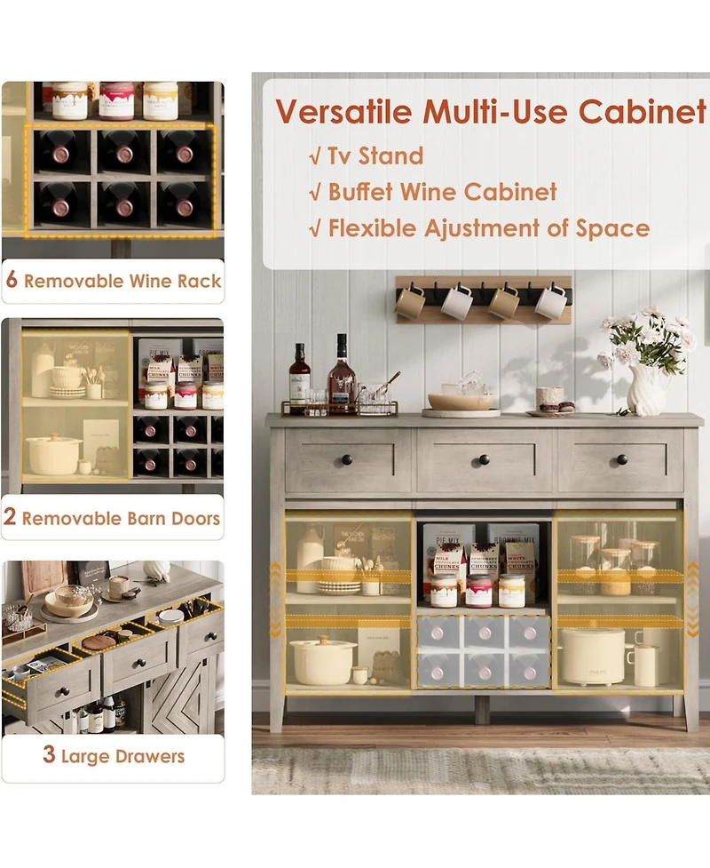 gaomon 47 Inch Farmhouse Buffet Cabinet with Sliding Barn Doors Removable Wine Rack and Adjustable Shelves for Kitchen and Dining Room