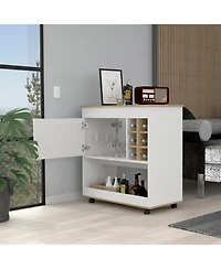 Flynama Light Oak and White 6-Bottle 1-Shelf Bar Cart with 1 Cabinet