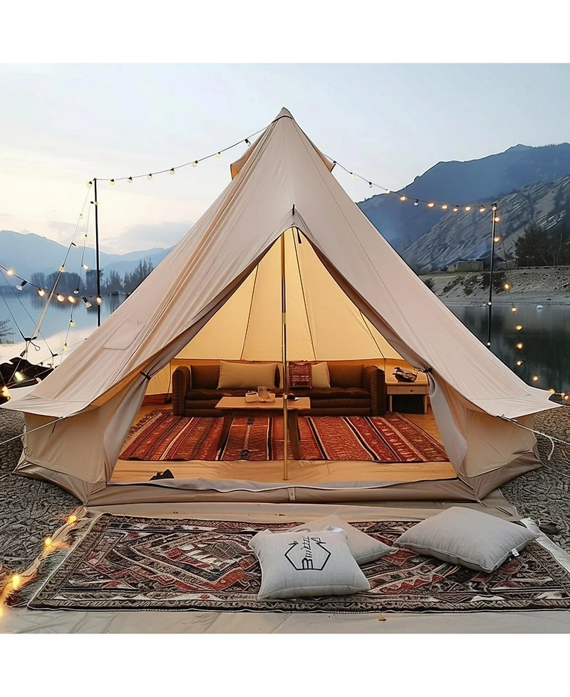 Gouun Canvas Bell Tent 19.68 ft 4-Season Yurt with Stove Jack for up to 10 People, Family Camping