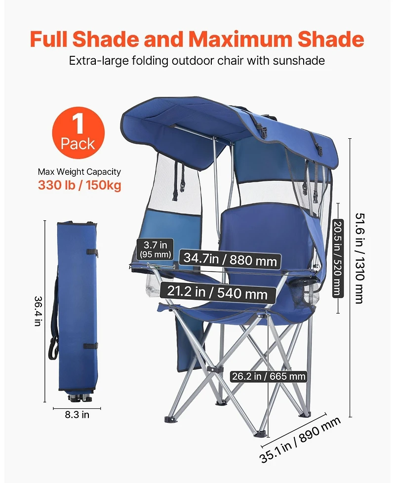 Mecale Camping Chair with Canopy Shade 330 lbs and Magazine Pocket