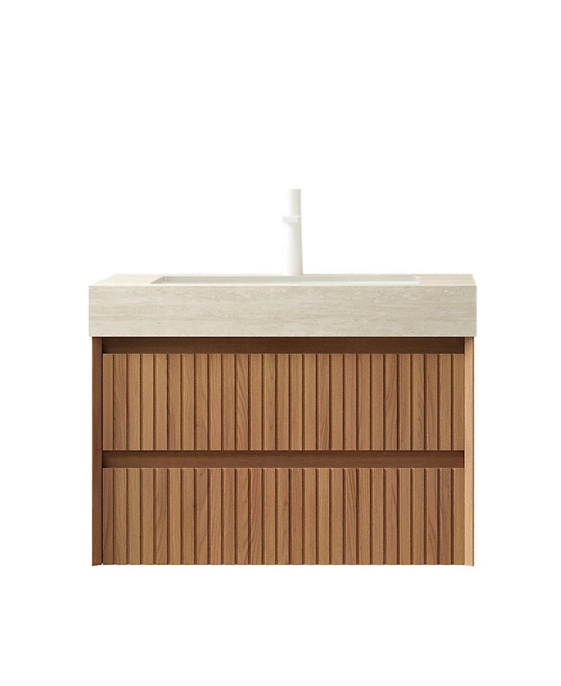 Sillysis Floating Bathroom Vanity with Roma Travertine Sintered Stone Top, Solid Wood Drawer, Plywood Cabinet, Pre-assembled