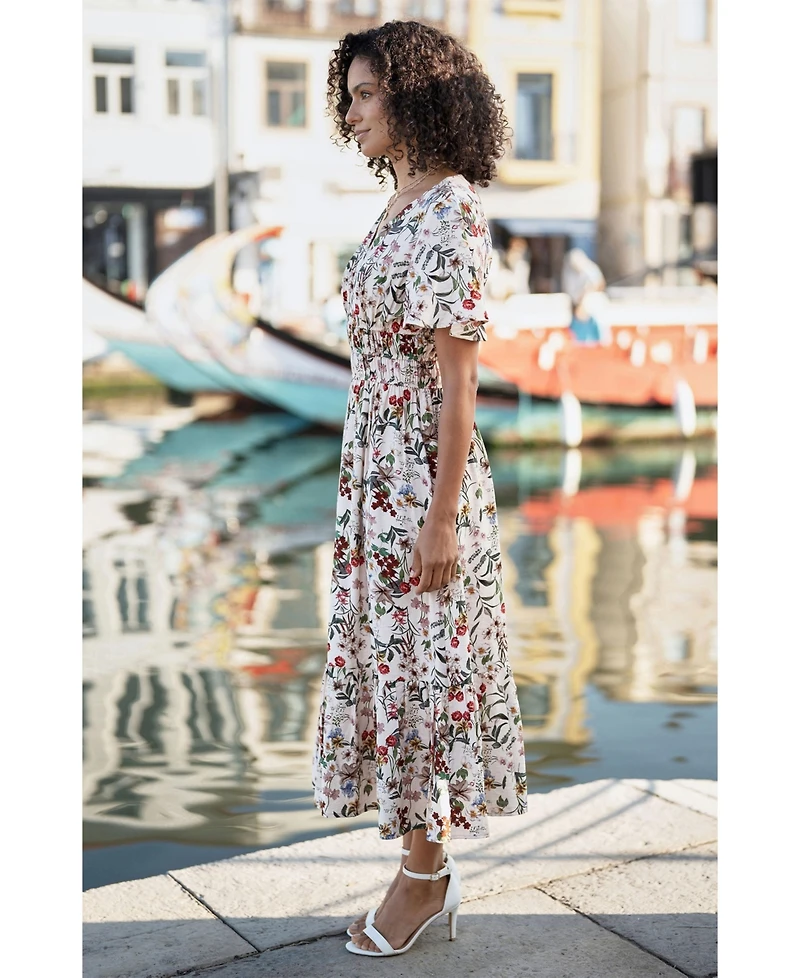 Yumi Women's Botanical Print Viscose Midi Dress