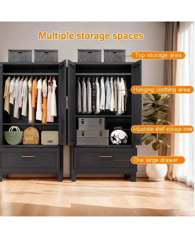 Rainsken Wardrobe Cabinet, 60" Tall Armoire Wardrobe Closet with 1 Drawer, 2 Doors and Hanging Rod, Farmhouse Clothing Storage Cabinet for Bedroom