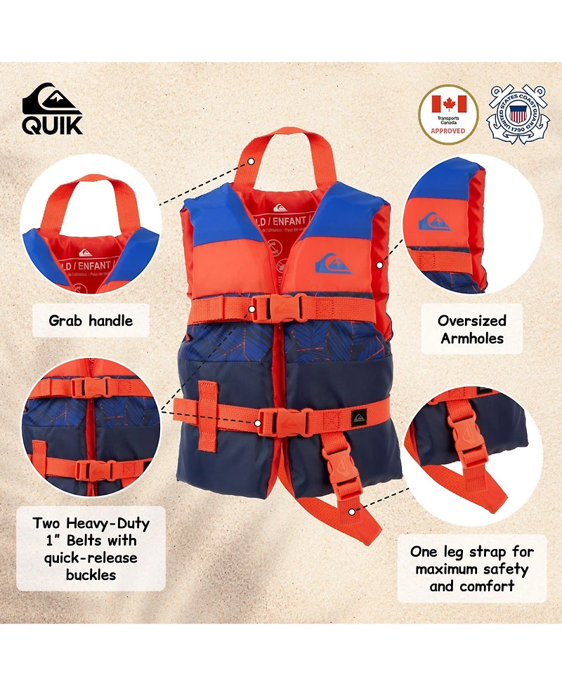 Quiksilver Uscg Approved Life Vest for Children, Lightweight Epe Foam and Durable Quick-Release Buckles, Leg Strap and Grab Handle for Security