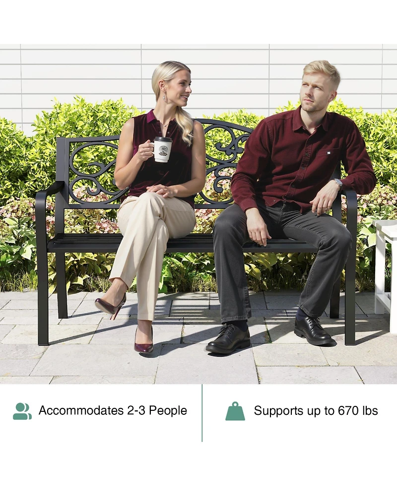 Sugift 50 Inches Outdoor Cast Iron Metal Patio Bench with Floral Design Backrest and Slatted Seat