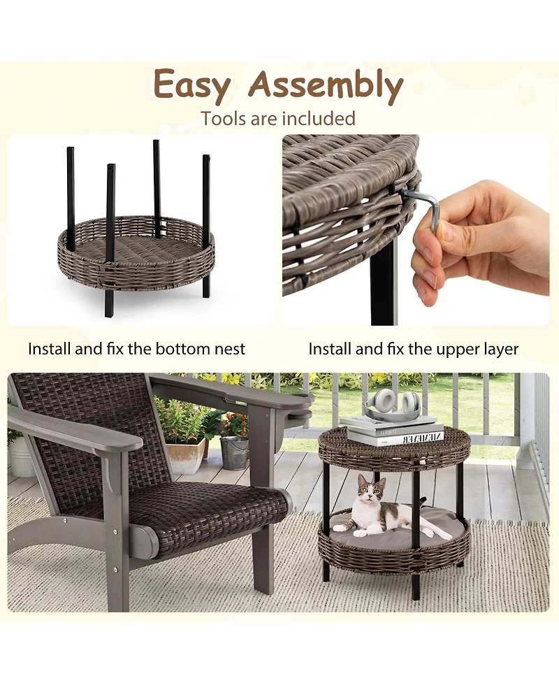 Cozito Cat Nest 2-Tier Rattan with Removable Padded Cushion