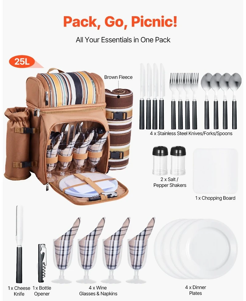 Mecale 4-Person Picnic Backpack with Insulated Cooler, Blanket and Tableware Set