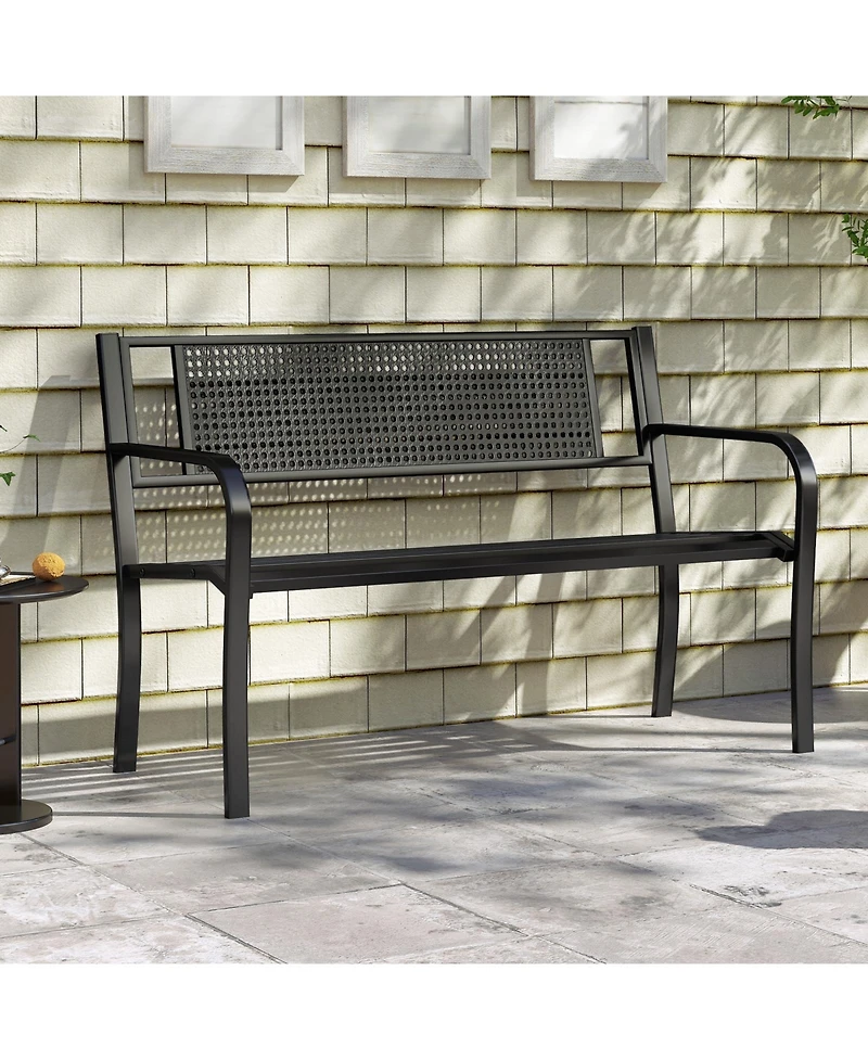 Sugift 50 Inches Garden Bench with Patterned Backrest and Curved Armrests
