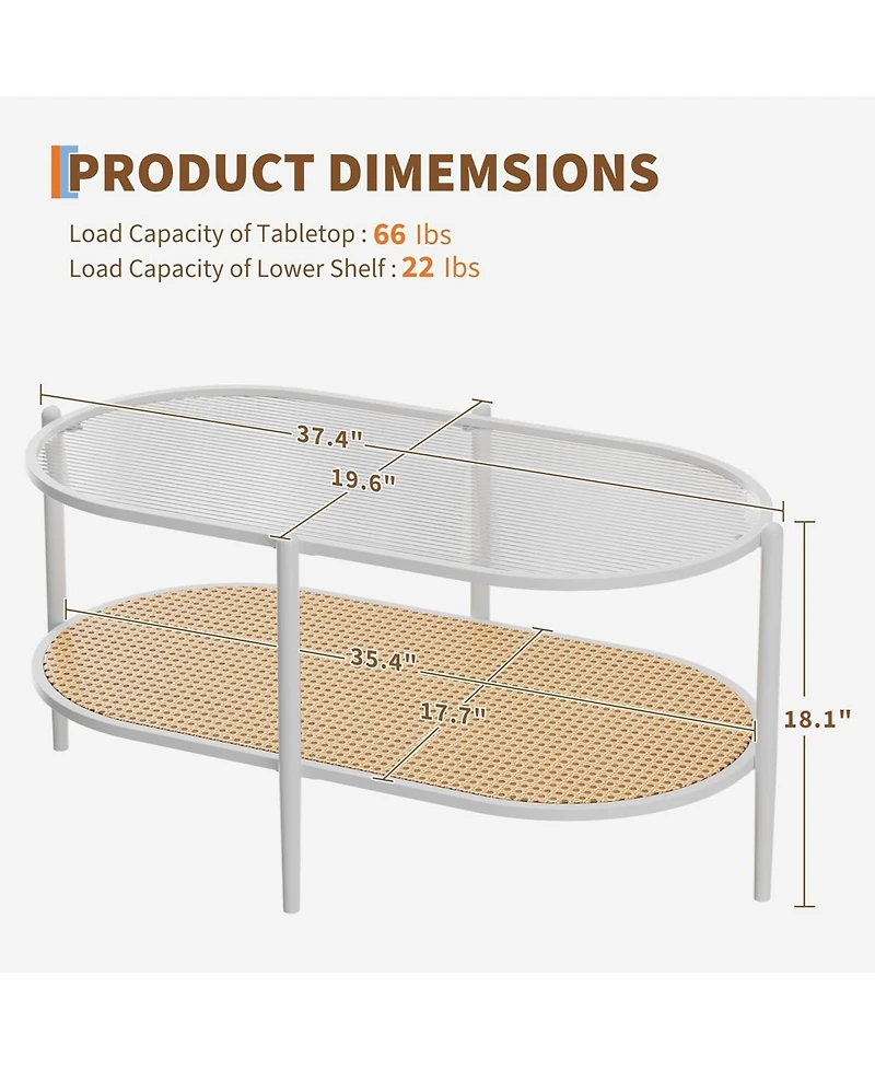 gaomon 2-Tier Rattan Coffee Table with Tempered Glass Top, Farmhouse Water-Wave Glass Metal Tea Center Tables Storage Shelf Decor