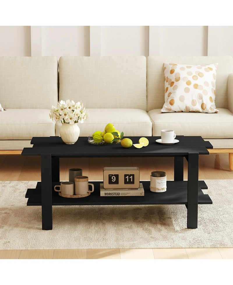 Sugift 2-Tier Coffee Table Slatted Wood Center Table with Storage Shelf