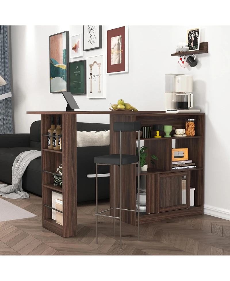 flynama Modern Bar Cabinet with Rotating Top and Ribbed Glass Doors