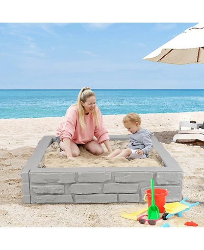 Costway Kids Sandbox with Cover Bottom Liner Backyard Beach Hdpe Sandpit for Outdoor Play