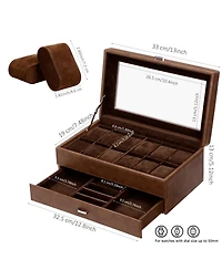 Yigii 2Layer 12Slot Watch Box Pu Leather Removable Pillows Clear Glass Lid Organizer Storage