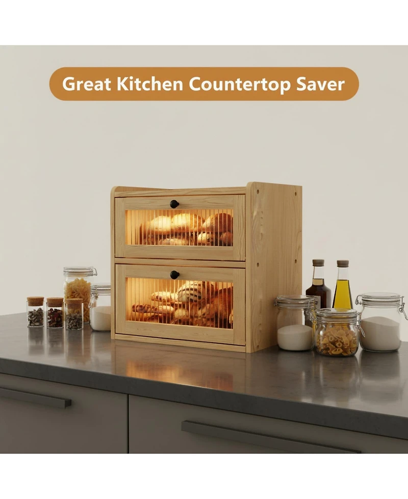 Yigii Double Layer Wooden Bread Box with Window Ventilation Pine Construction Countertop Storage