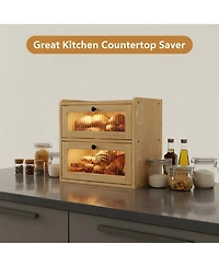 Yigii Double Layer Wooden Bread Box with Window Ventilation Pine Construction Countertop Storage