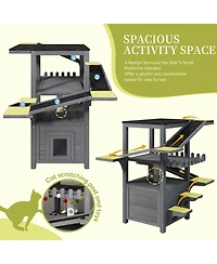 Aostirmotor Outdoor Cat House 4 Tiers, Weatherproof Cat Tree Tower with Waterproof Roof, Multi-Level Play Zones with Balcony and 2 Doors, Grey