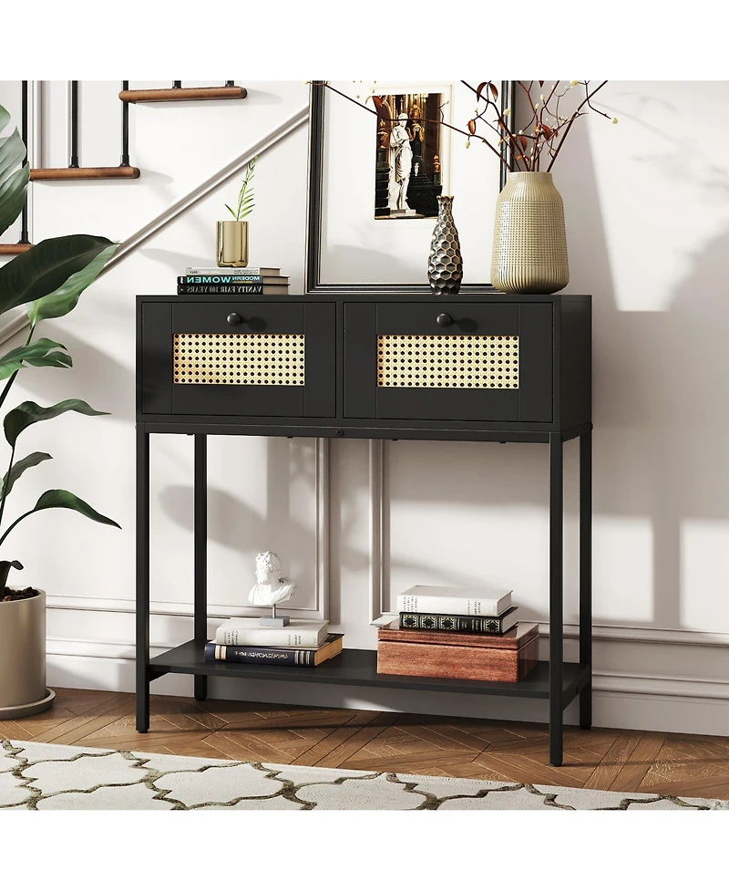 Slickblue Rattan Entryway Table with 2 Drawers and Open Shelf Storage