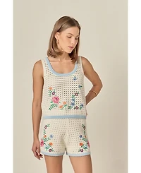 English Factory Women's Flower Embroidery Crochet Top