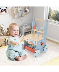 Slickblue 2-in-1 Baby Push Walker with Wooden Frame and Multi-Activity Play Station