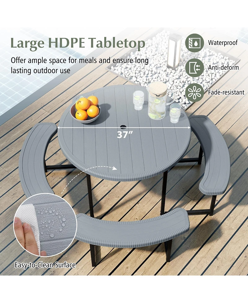Sugift Round Picnic Table Bench Set with 4 Benches and Umbrella Hole for Patio Lawn.