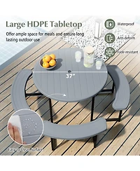 Sugift Round Picnic Table Bench Set with 4 Benches and Umbrella Hole for Patio Lawn.