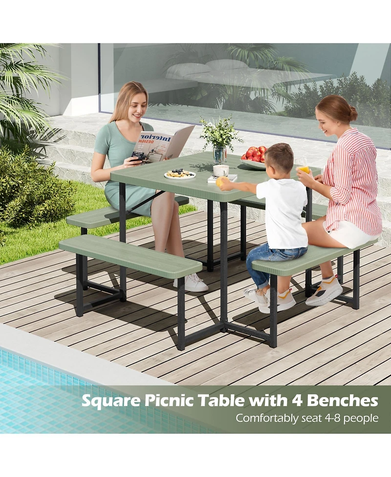 Sugift Outdoor Square Picnic Table Bench Set for 4-8 People with Umbrella Hole.