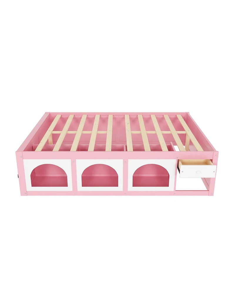 Rainsken Queen Modern Wooden Platform Bed for Kids and Teens, Space-Saving Storage Bed Frame with Bookshelf, Drawer and Led Lighted Display Cabinet