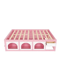 Rainsken Queen Modern Wooden Platform Bed for Kids and Teens, Space-Saving Storage Bed Frame with Bookshelf, Drawer and Led Lighted Display Cabinet