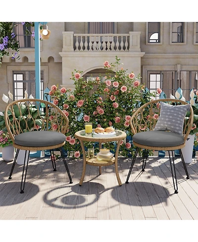 Rainsken 3 Pieces Rattan Bistro Set, Wicker Patio Chairs Set of 2 with Glass Round Table, Wicker Balcony Furniture for Porch, Backyard, Garden