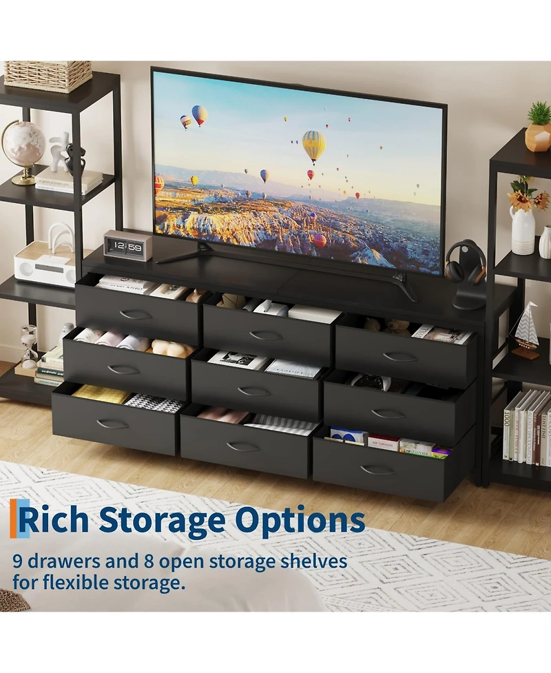 gaomon Tv Stand Dresser for Up to 75" Tv, 9 Fabric Drawers, 2 4-Tier Shelves, Wood Look