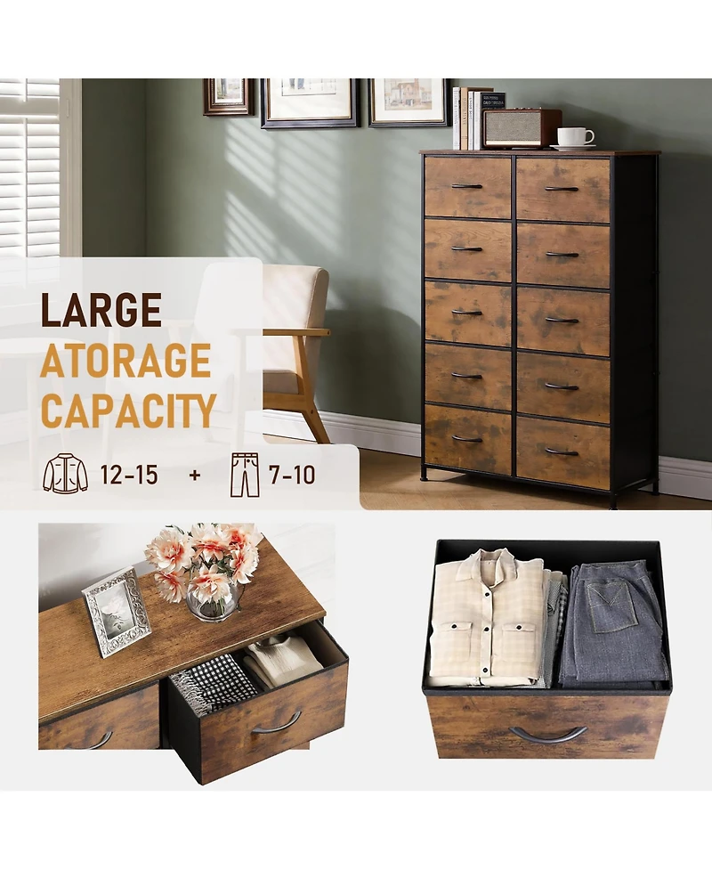 gaomon Home 10 Drawer Fabric Dresser, Steel Frame Storage Organizer with Wood Top.