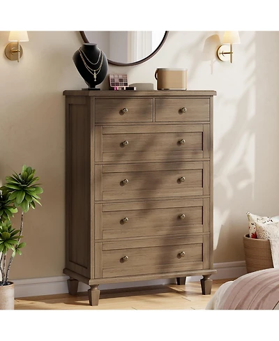 gaomon Bedroom 47" Tall 6 Drawer Dresser, Vintage Wood Chest of Drawers with Carved Handles.