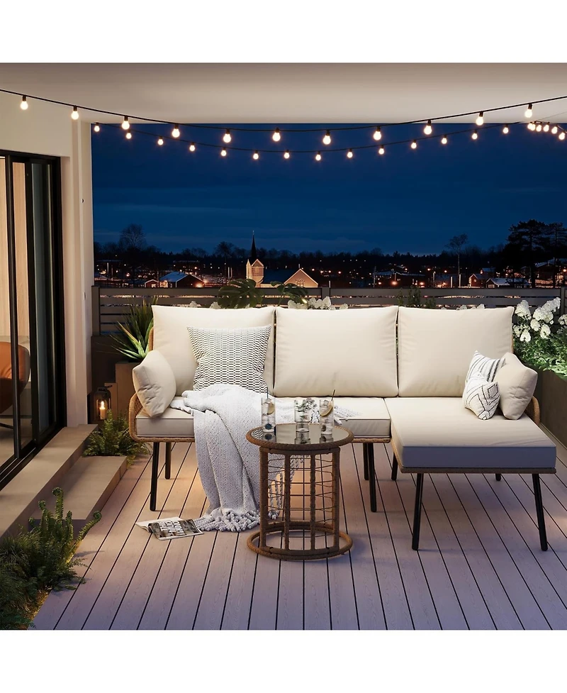 gaomon 3-Piece Patio Furniture Set, All Weather Rattan Sofa with Tempered Glass Coffee Table and Thick Cushions, Sectional L-Shaped Patio Furniture