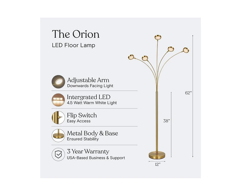 Orion 74" Led Tree Arc Floor Lamp with 5 Adjustable Arms