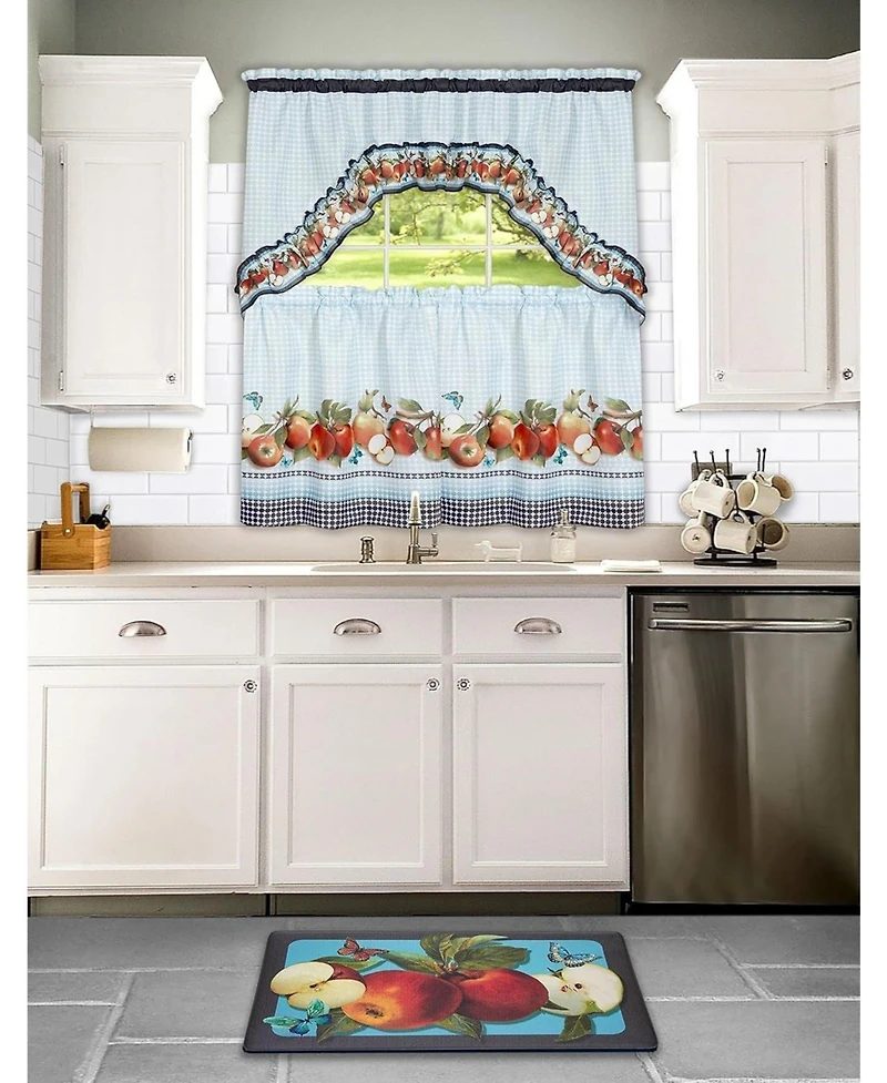 Kate Aurora Gala Apple 3 Piece Rod Pocket Cafe Cottage Semi Sheer Kitchen Curtain Tier Valance Set