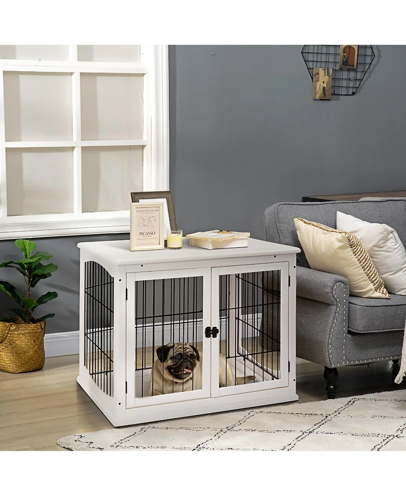 Aostirmotor Small Dog Crate Furniture End Table with Two Opening Sides and Lockable Door, Indoor Puppy Kennel, Pure White