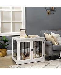Aostirmotor Small Dog Crate Furniture End Table with Two Opening Sides and Lockable Door, Indoor Puppy Kennel, Pure White