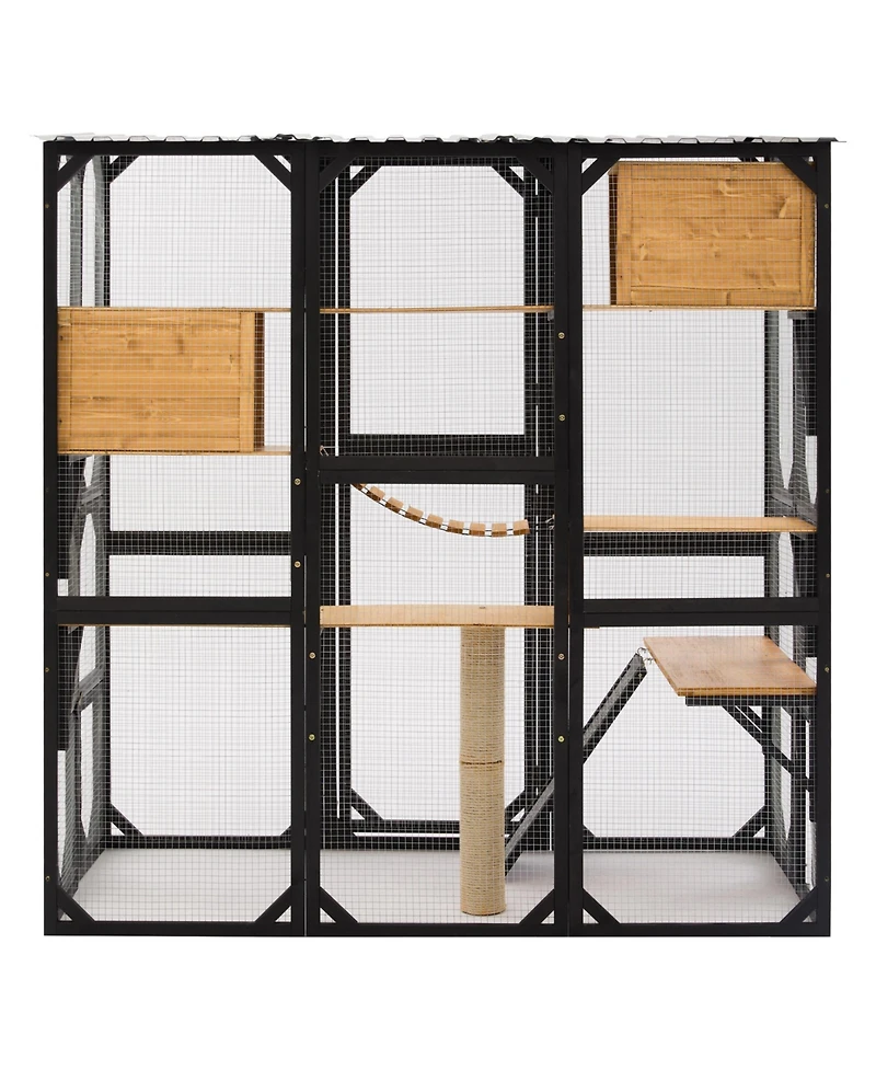 Aostirmotor Outdoor Wooden Catio, Fir Wood Cat Enclosure with Sleeping House and Jumping Platforms, Secure Cat Playpen, Black and Natural