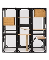 Aostirmotor Outdoor Wooden Catio, Fir Wood Cat Enclosure with Sleeping House and Jumping Platforms, Secure Cat Playpen, Black and Natural