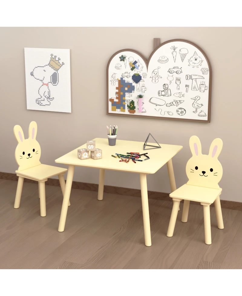 Rainsken 3 Piece Kids Table and Chairs Set, with 2 Bunny Chairs, Activity Play Table Set, for Study, Drawing, Play, Boys and Girls Gift for Ages 2+