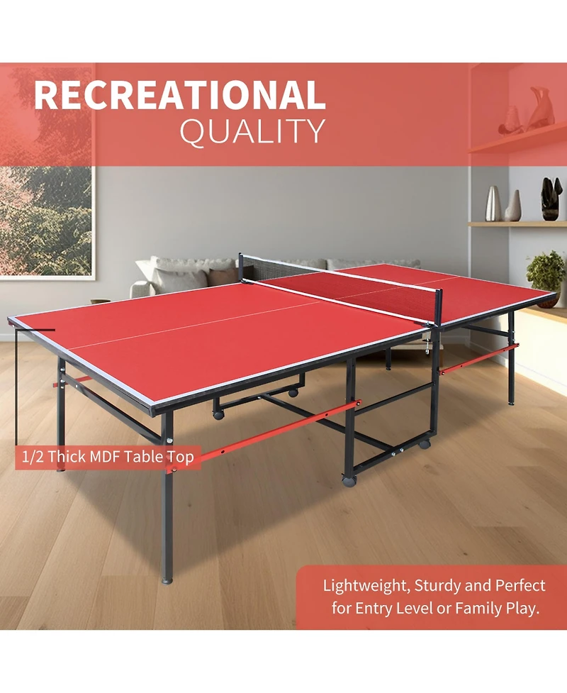 Rainsken Foldable Portable 8FT Table Tennis Table, All-Inclusive Family Ping Pong Set with Net, Dual Rackets and 3 Balls for Home Entertainment