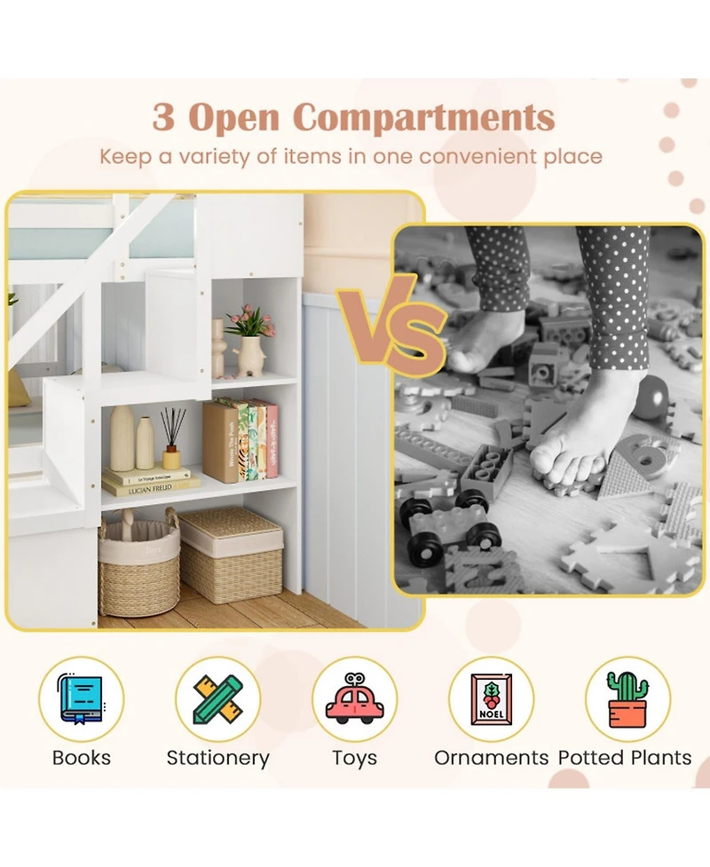 Gouun Pine Wood Full Over Full Bunk Bed with Storage Stairs