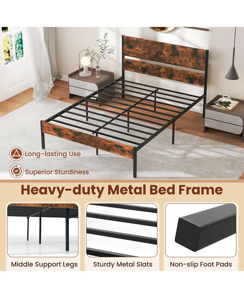 Sugift Full Size Metal Bed Frame with Wooden Headboard and Footboard
