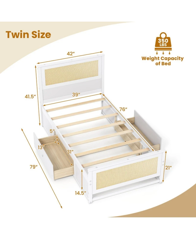 Gouun Twin Solid Wood Platform Bed Frame with Storage Drawers and Rattan Headboard