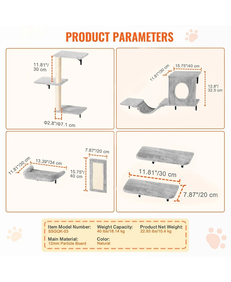 Cozito Wall Mounted Cat Shelves 6 Piece Hammock Perch Sisal