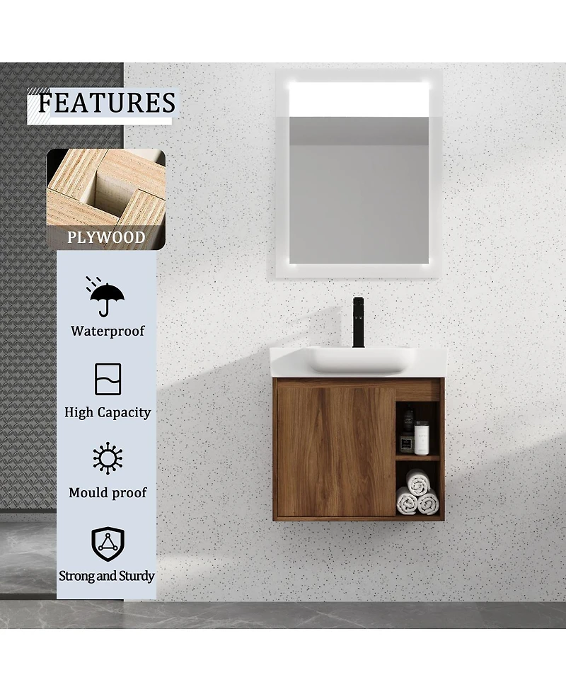 Sillysis Inch Wall Mounted Bathroom Vanity with Ceramic Sink, Modern Plywood Cabinet, Soft Close Door