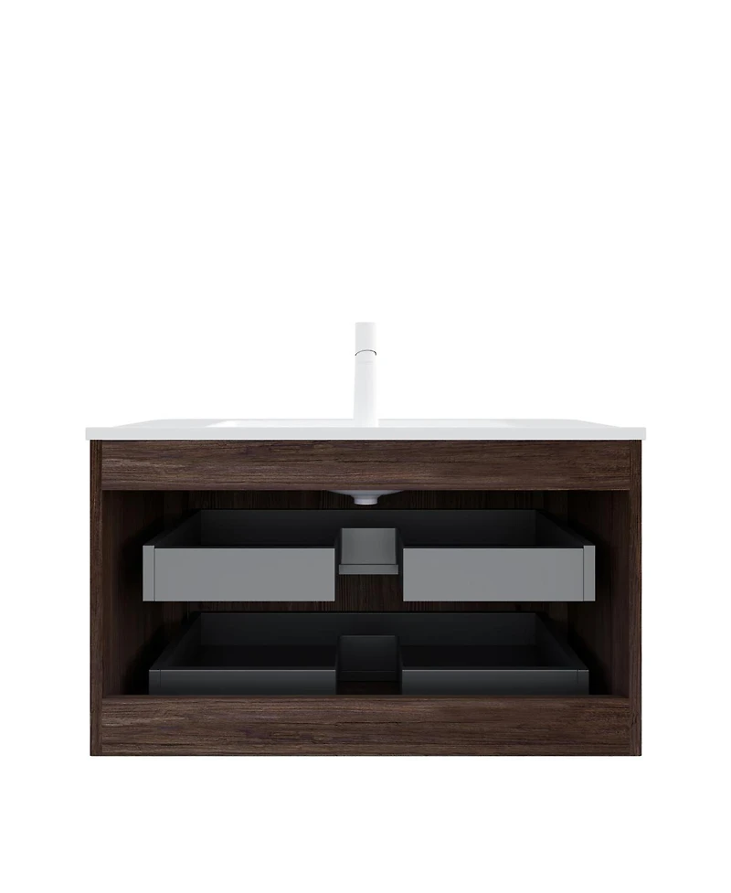 Sillysis 36 Inch Wall Mounted Bathroom Vanity with Integrated Ceramic Sink, Double Drawer Storage, Modern Floating Plywood Cabinet